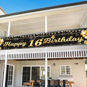 Happy 16th Birthday Black & Gold Banner